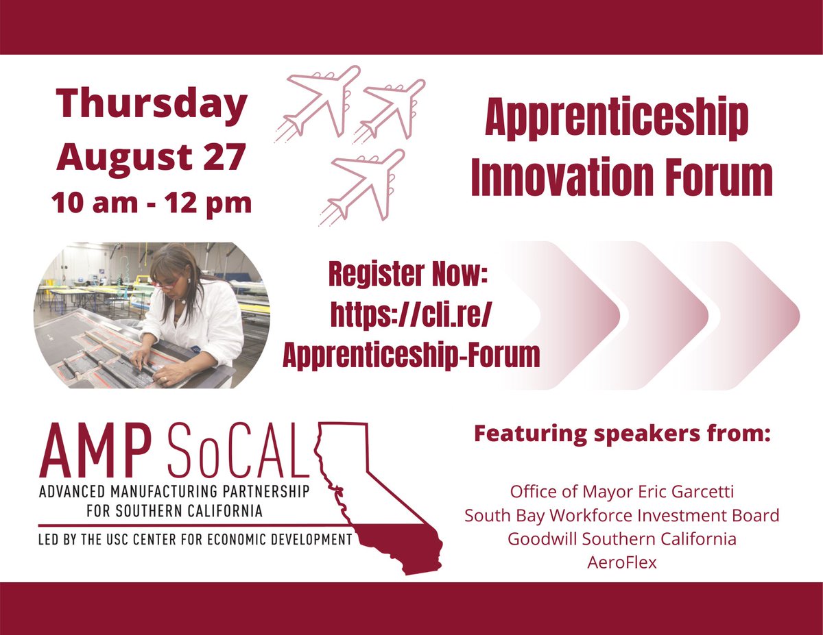AMP_SoCal's tweet photo. Modern-day apprenticeships may hold the key to saving our manufacturing jobs. Join AMP SoCal on THU 8/27 to learn what apprenticeships are being developed and how manufacturers and students have benefited from innovative apprenticeships. Register Now: https://t.co/LfkTxWSW54 https://t.co/qOCohkObdF