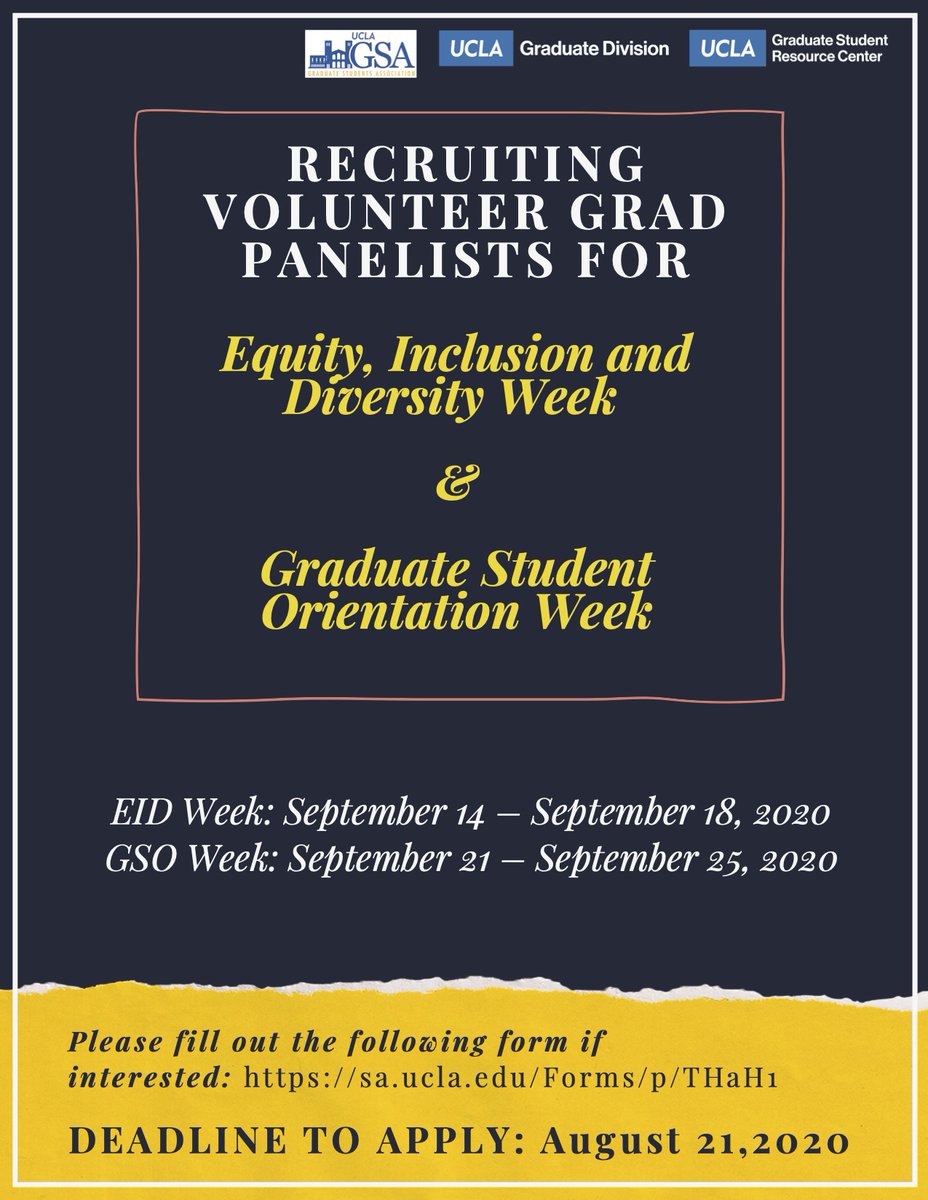 uclaGSA's tweet image. Volunteer Panelists Needed!
We are seeking grad and professional students to sit on panels (all via Zoom) and share your experiences to the incoming grad students as they begin their journey at UCLA. Interested? Fill out this form by August 21 at 11:59pm: sa.ucla.edu/Forms/p/THaH1