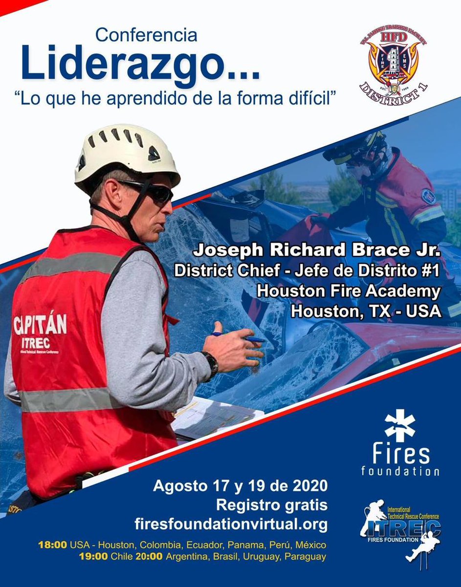 rescateurbanomx's tweet photo. Hoy !!! 18:00 hrs (México) 1ra parte de la conferencia: Visión de Liderazgo del Jefe de Distrito #1 Chief Joseph Brace - Houston Fire Academy. Cupo limitado. REGISTRO GRATIS en https://t.co/96uo2gDA3j #FIRESfoundation #houstonfireacademy #itrec #lider #familia #virtualfires https://t.co/0Z5jloc26O