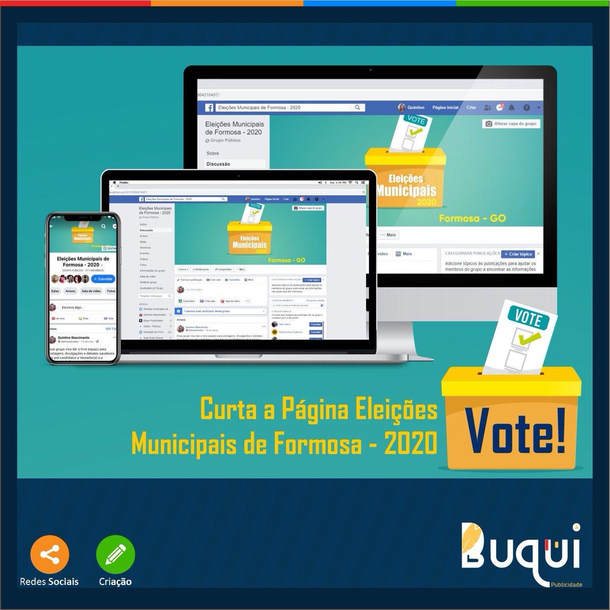 BuquiPublicida1's tweet photo. Faça parte do grupo Eleições Municipais de Formosa - 2020, no Facebook, e participe das decisões políticas de nossa cidade.
#eleicoes2020 #formosagoias
#criação #agencia
#participe https://t.co/b1Gr1Mpwo2