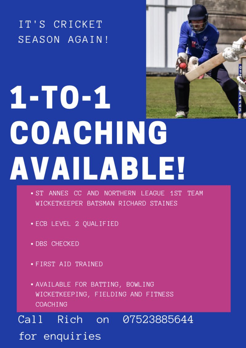 StAnnesCC's tweet photo. 🏏 GET AHEAD OF THE GAME!

Private 1-to-1 or group cricket coaching sessions available now with a fully qualified @ECB_cricket Level 2 qualified coach, Richard Staines!
🏏 Batting
🔴 Bowling
👐 Wicket Keeping
🤲 Fielding
💚 Fitness
⏰ Afternoon/evening sessions
Contact Richard 👇 https://t.co/hCPGSWyHBX