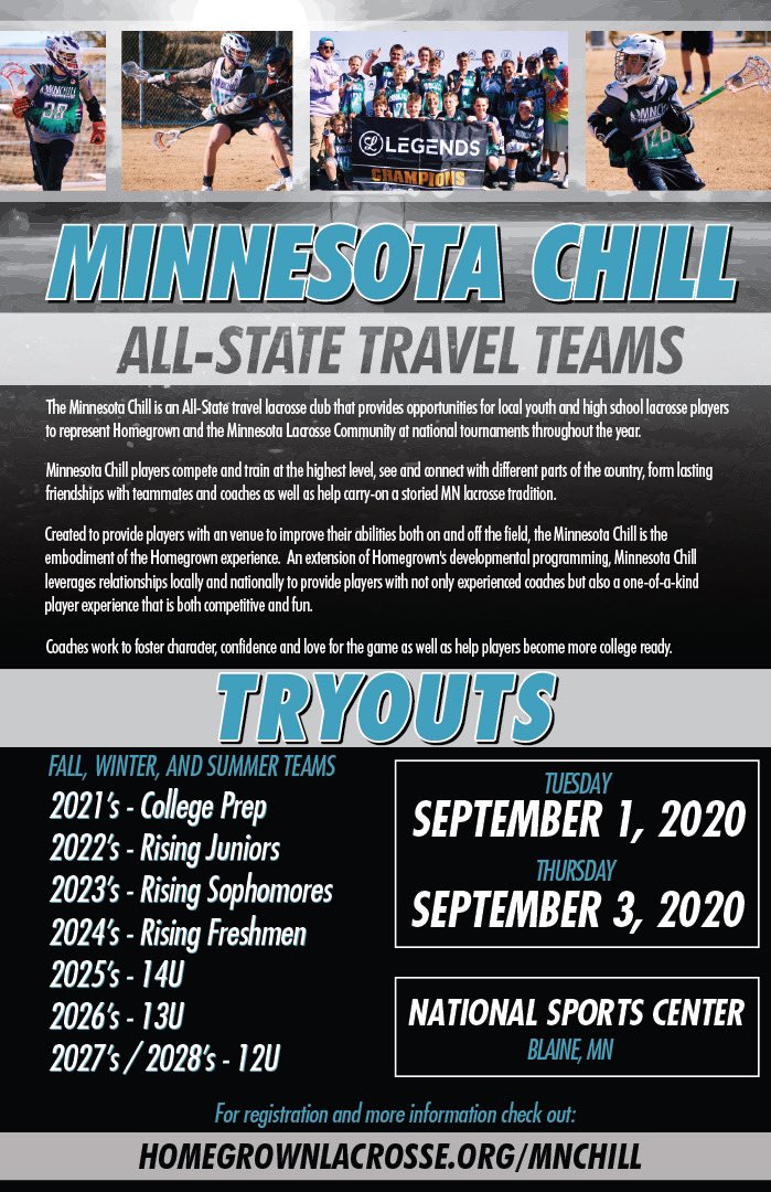 🚨❄️MN Chill Tryout details!❄️🚨

2020 Chill tryouts are here! The tryouts will be for Fall, Winter, and Summer teams. See the graphic below for more details and visit homegrownlacrosse.org/mnchill for registration info! 

#MNLacrosse #Chill #Homegrown
