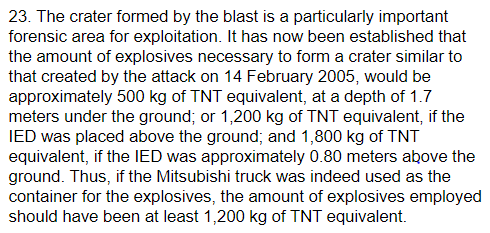 Jun 2006 Braumertz Report established amt of explosives needed to form Hariri crater ~500 kg TNT equiv at depth 1.7m below ground; 1200 kg if IED placed above ground; & 1800 kg if IED ~0.80 meters above ground. Thus, if Mitsubishi truck indeed used, needed at least 1200 kg.9/
