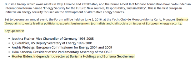 April 2016:Burisma Group & Prince Albert II of Monaco Foundation announce event: “Energy Security for the Future:"8/