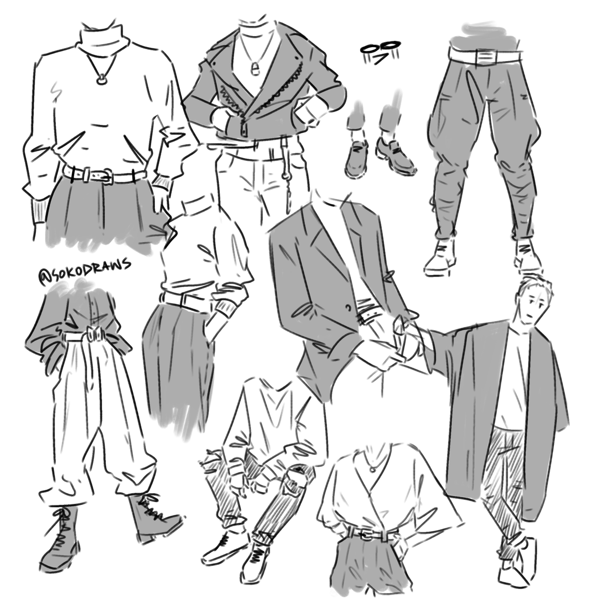 quick outfit studies
gave myself around 5min to doodle each outfit from a photo ref
good practice 