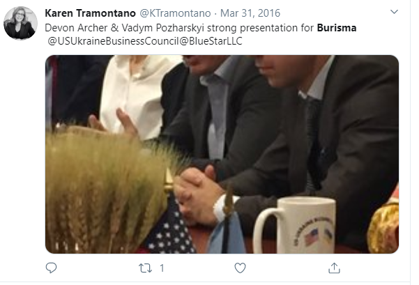 March 2016:Karen Tramontano (co-Founder and CEO of Blue Star) tweets this photo of Devon Archer (Hunter's long-time bro, they go back to the shady Rosemont Seneca days - that's a thread for another day) and Burisma adviser Vadym Pozharskiy:7/