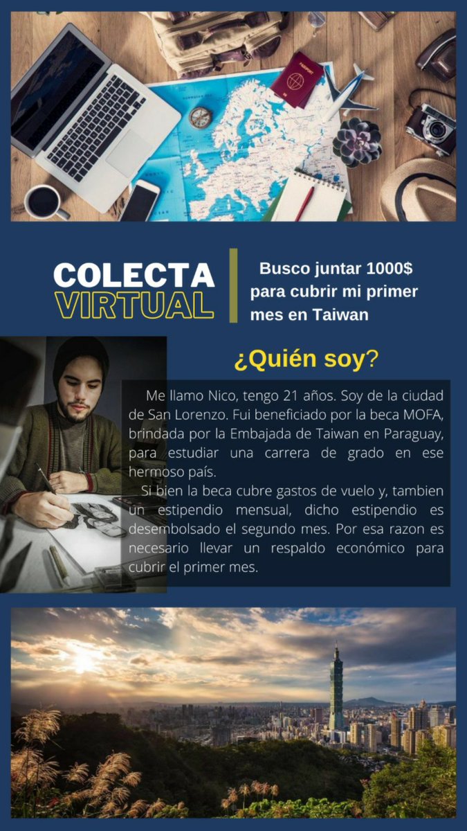 anaraguakatekoo's tweet image. Hola amigos de twitter! Me llamo Nico, tengo 21 y fui beneficiado con una beca para estudiar en Taiwán. Ademas de otras actis tambien estoy haciendo una pequeña colecta virtual. Es para cubrir el primer mes en Taiwan. Les agradeceria el RT asi llego a mas gente. GRACIAS❤