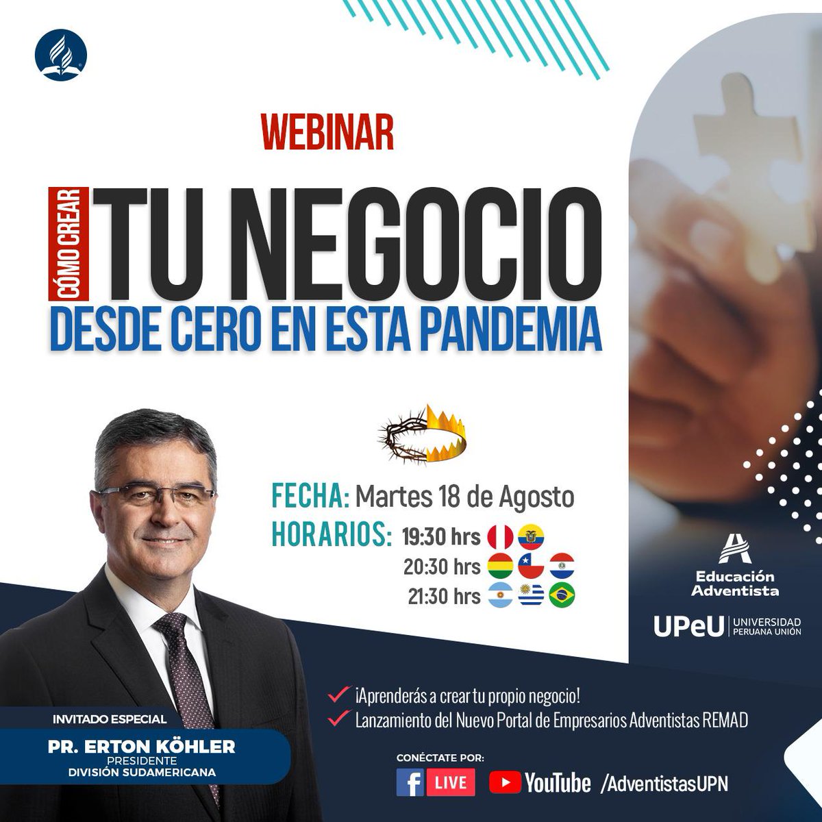 ¿Quieres crear tu negocio propio, pero no sabes cómo hacerlo? Entonces este 📲 WEBINAR es para ti.
🗓️ FECHA: - Martes 18 de Agosto
🕕HORA: 7:30 PM 
fb.com/AdventistasUPN