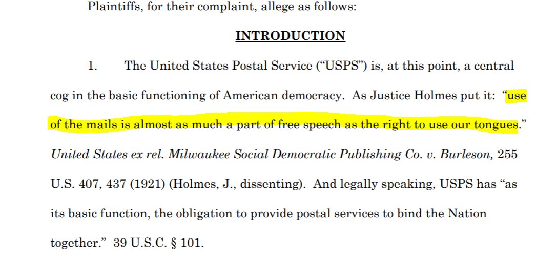 Let's start with some legal groundwork.The post office is a "basic fundamental service." And as Justice Holmes put it, using mail is "almost as much a part of free speech as the right to use our tongues." So... It's important, then.(/3)