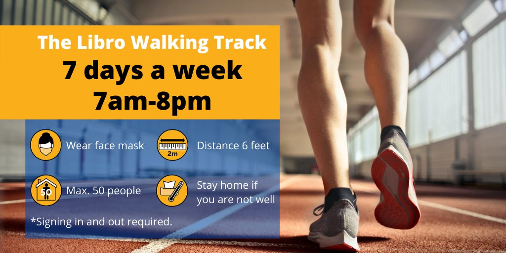LivingAburg's tweet photo. The Walking Track at the Libro Centre plays a key role in many of our residents' activities. So, starting tomorrow, August 18th, we will be opening the track from 7:00 am to 8:00 pm seven days a week.

Stay Calm and Walk On! But remember to follow the protocols. 

#StayCalmWalkOn https://t.co/qPGOsFISkc
