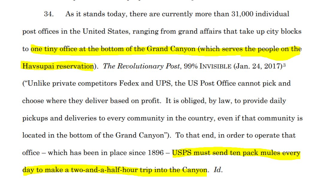 I mention that in part because  @99piorg, like our complaint, starts with the story of a tiny little post office at the BOTTOM OF THE GRAND CANYON. Where mail has to travel ON MULES. For two-and-a-half-hours. (one is tempted to add: "uphill, both ways, in the snow.")(/6)