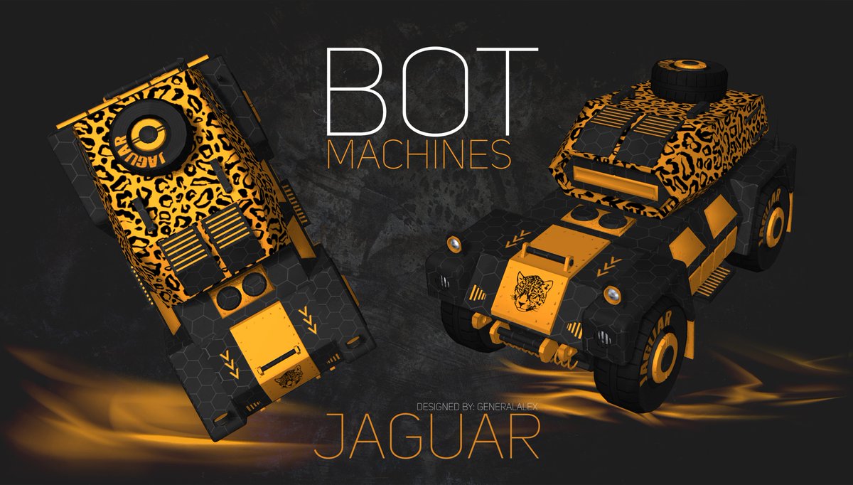 GeneralAIex's tweet image. Check out the Jaguar Skin for @nxtboyIII's New upcoming game Bot Machines. You can download the Beta here:

Android: drive.google.com/file/d/1SenbuS…
iOS:
testflight.apple.com/join/DoWqqxYC