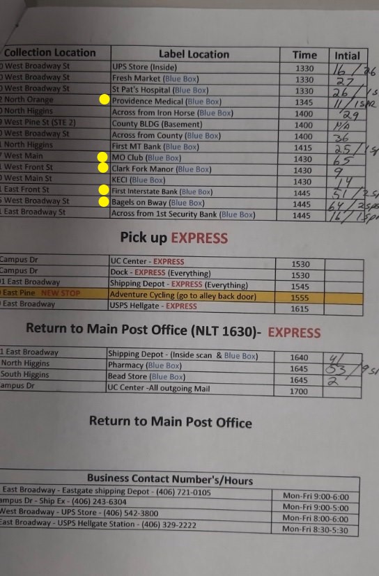 Another union leader told me they heard the same thing happened in Billings. The letter writer attached another sheet of the boxes on their route, where they counted all mail Friday. I've marked the ones on the list to be removed with a yellow dot.  #mtnews  #USPS