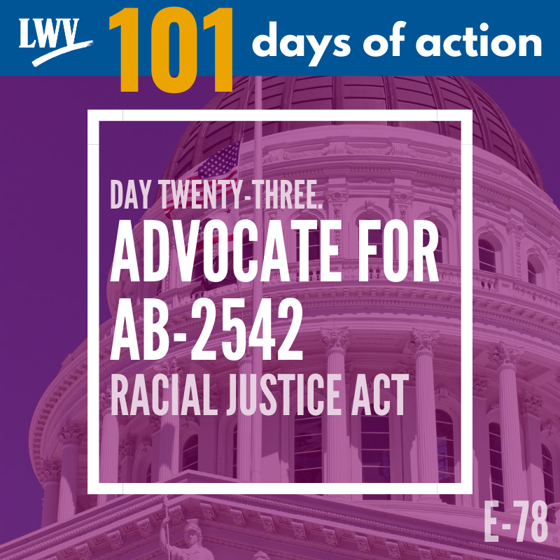 LWVSD's tweet photo. The #RacialJusticeAct will prohibit and challenge #RacialDiscrimination in #convictions &amp; sentences in #California courts. Find out more: https://t.co/e4gByXPgOZ Tell your #State Senator to vote YES on #AB2542: https://t.co/GtevIw9NdL #101DaysofLWVAction #EndRacism #JusticeNow https://t.co/WDP3UWIUhc