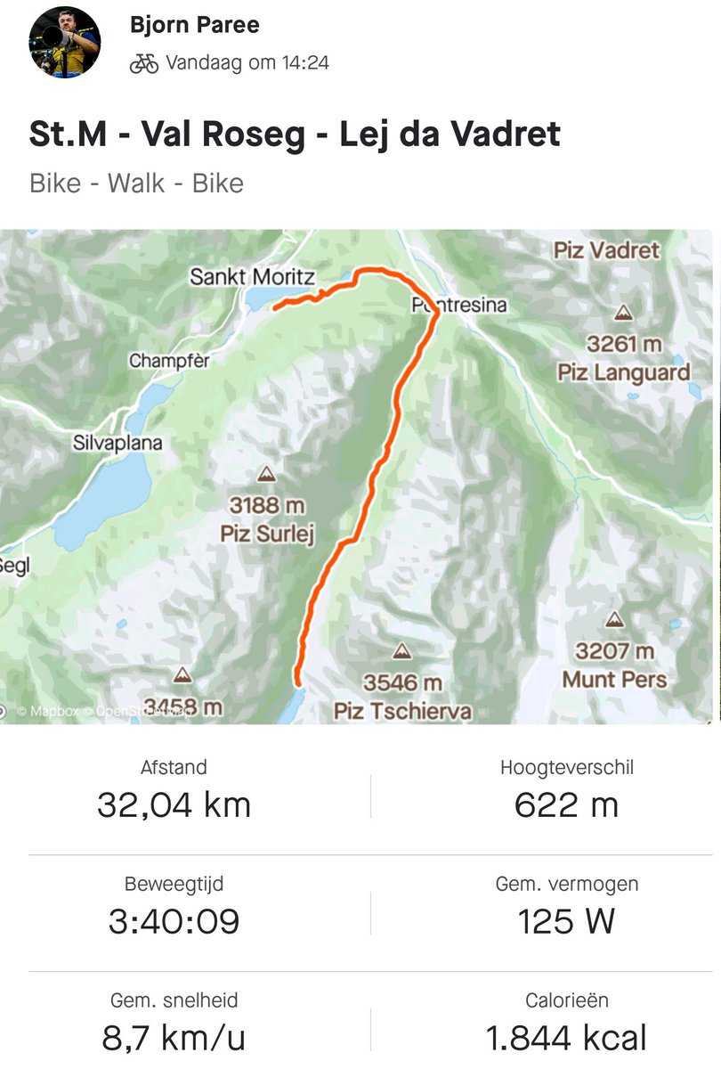 2nd day in St. Moritz with 2 x training. In the morning an interval on the bike (taking photos of Mike Foppen &amp; <a href="/GertJanWassink/">Gert-Jan Wassink</a> ) and in afternoon a ride Val Roseg &amp; walk to Lej da Vadret. 

I ❤ 🇨🇭