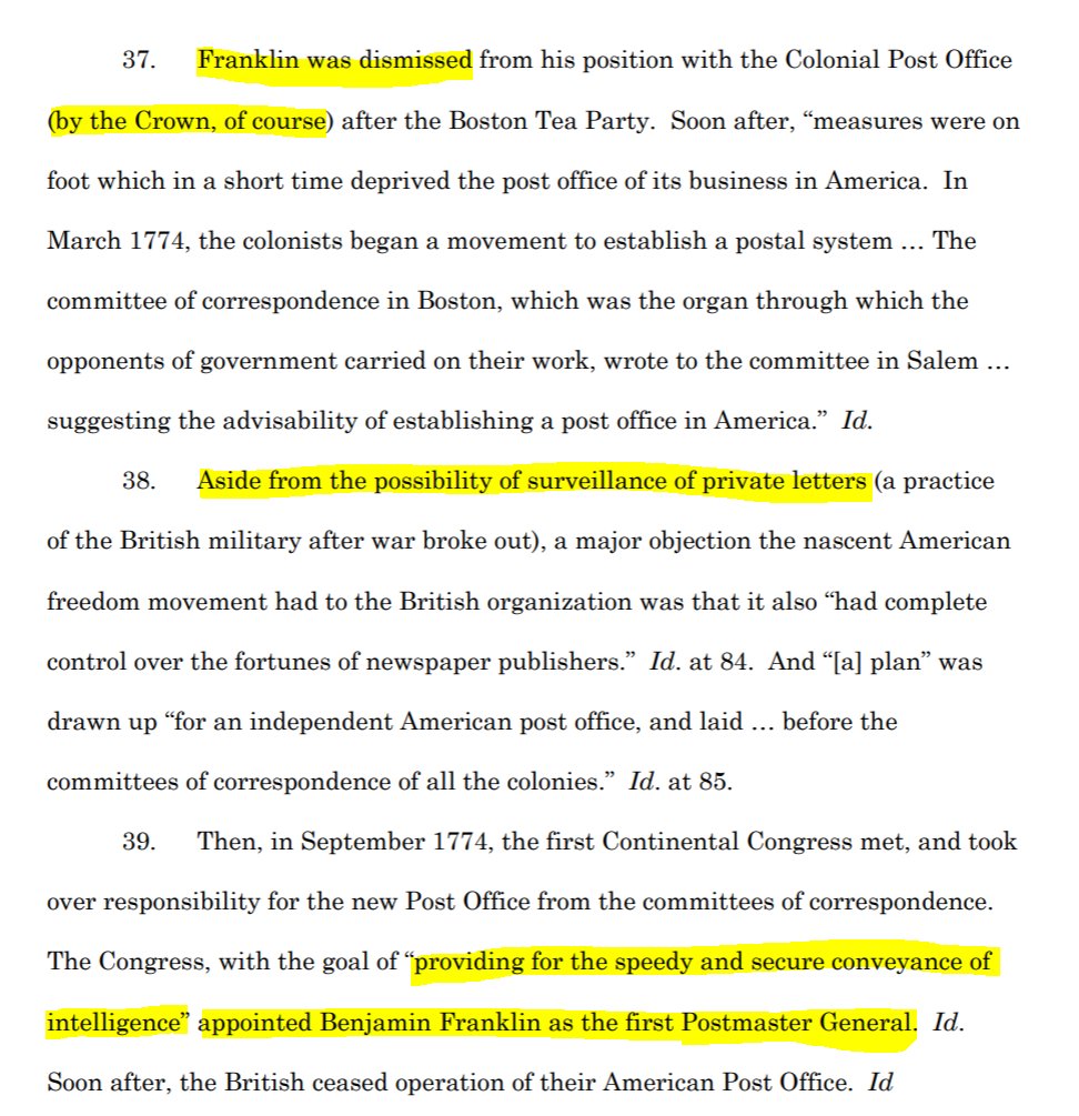 Franklin, previously the Postmaster General for the Crown, was dismissed by the Crown after the Boston Tea Party -- protesting, you guessed it, the "Stamp Act."So, the colonies turn around and put Franklin at the head of their own Post Office. NYEH. (/8)