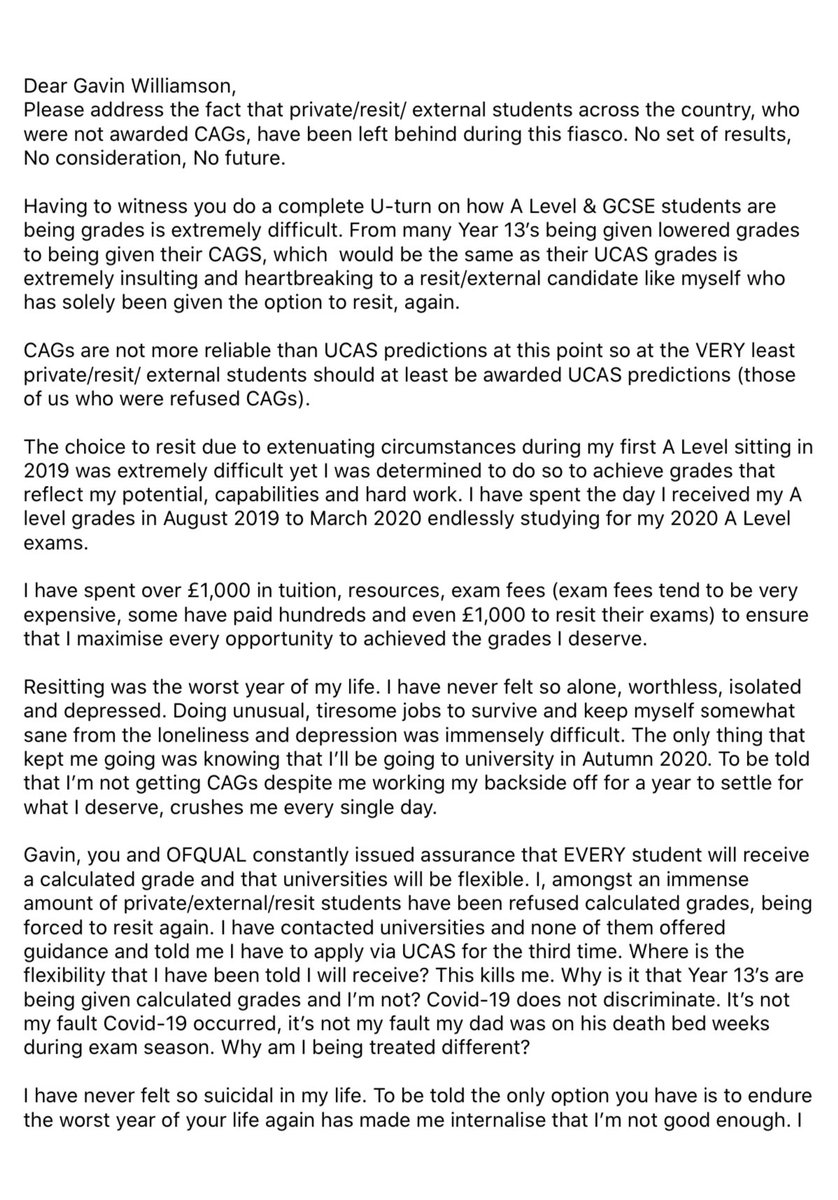 homeschooled01's tweet photo. @GavinWilliamson @ofqual I deserve to attend university too. #Alevel2020 #AlevelUTurn #ALevelsResults #ResitStudents https://t.co/lpSr3w495H