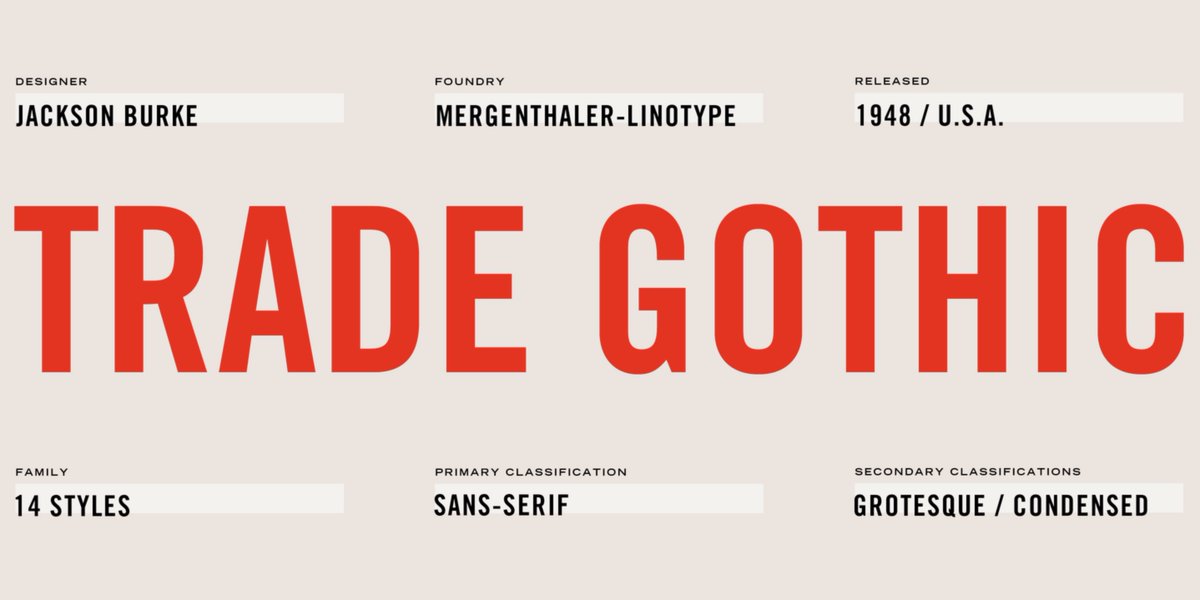 MyFonts's tweet photo. The great & under-appreciated Jackson Burke designed Trade Gothic in 1948, and it was impossible to miss throughout the years we associate with Mid-Century Modernism. It’s 50% off during our Type Through the Eras sale: https://t.co/UsQIDusH0J #typeeras https://t.co/d89yhB3aFi