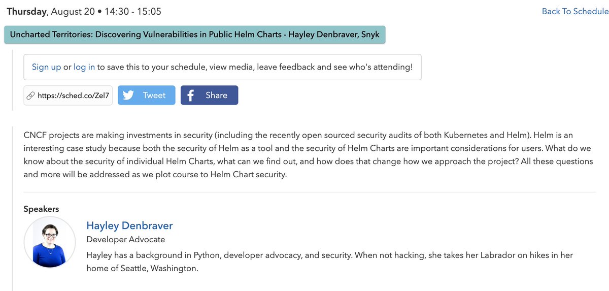 HelmPack's tweet image. Plot course to #HelmChart security with @hayleydenb in her #KubeCon + #CloudNativeCon session, which starts in ONE HOUR! sched.co/Zel7