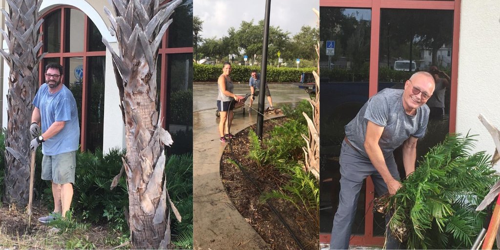 ManateePAC's tweet image. COVID-19 has created new roles for most of our staff. This morning Marketing Associate John Andruzzi, Larry Crouse from our scenic shop, and CEO Janene Amick were up bright and early tending to landscaping in the front of the building. Great progress!
