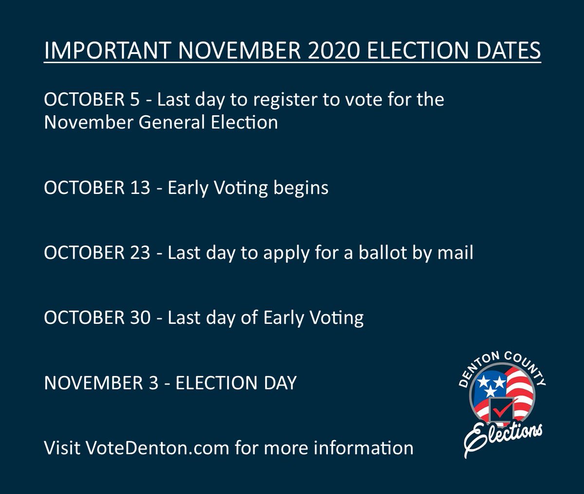 denton_vote's tweet photo. The November election is just around the corner! Here are some important dates to keep in mind as we head into the election. https://t.co/c62O9lXf1b