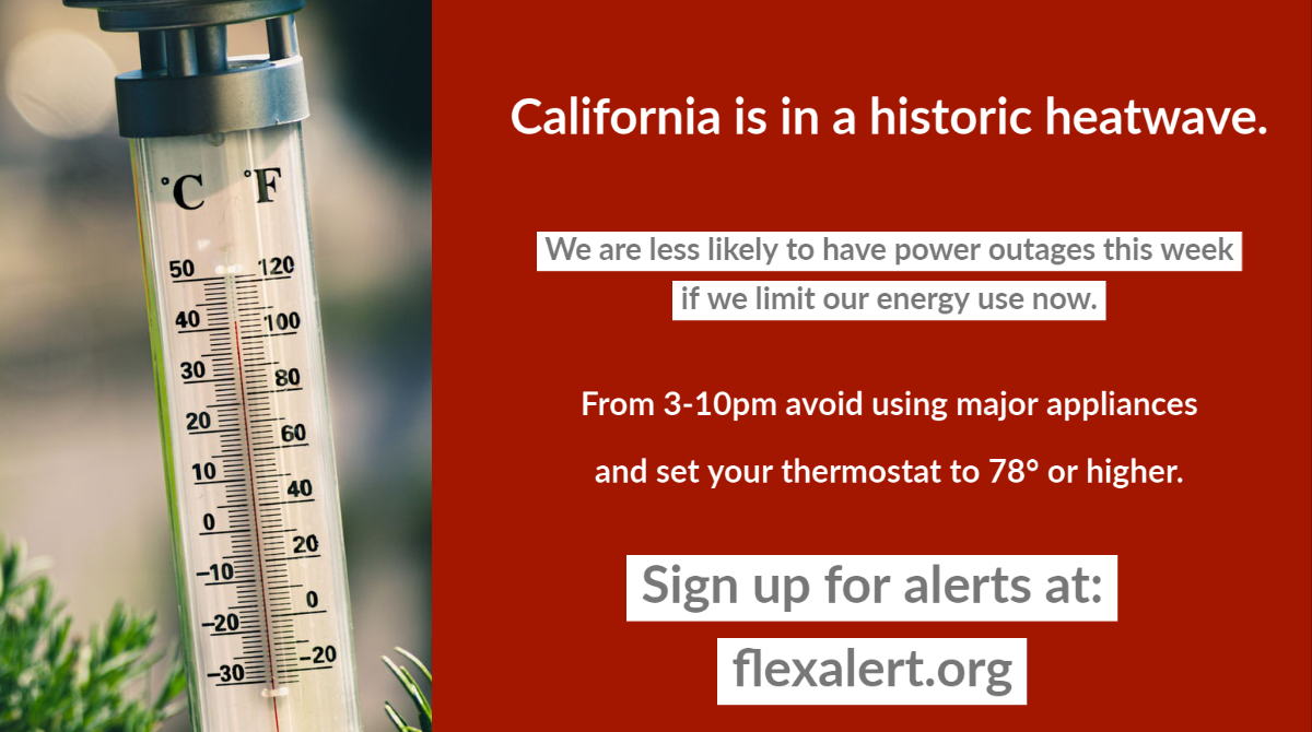 We’re having a heatwave and it’s putting pressure on California’s energy grid. It’s critical to limit energy usage from 3-10pm to help prevent service interruptions. Sign up for Flex Alerts &amp; learn more here: flexalert.org