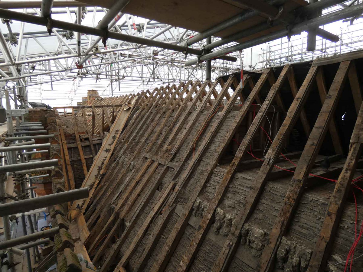 A lot of the later timber frame at Oxburgh is suspect, and needs to be inspected by our lovely team of engineers. This means lifting floorboards, exposing void spaces, and removing the entire roof. An amazing opportunity to learn more about the house, and its many changes.