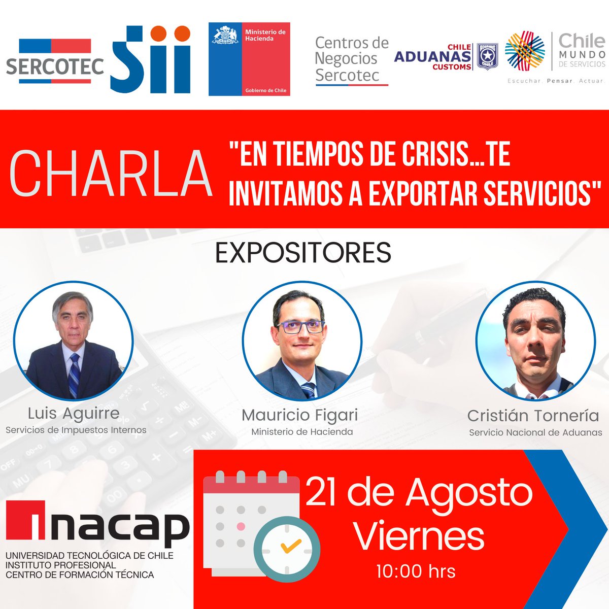 Chileservicios_'s tweet image. Atención Exportadores de Servicios!, los esperamos este 21 de agosto a las 10.00 am en este taller donde en conjunto con @SII_Chile @AduanaCL, abordaremos la actual normativa y beneficios de la expo de servicios!, @Sercotec_Chile @INACAPINOS