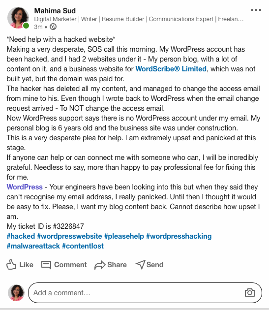 mahima_sud's tweet image. @wordpressdotcom 
#hacked #wordpresshacking #malware #hackeralert #techhelpneeded #wordpresswebsite #HELP 
Very, very desperate plea for help here. I want my content back. Please, anyone who can help?
