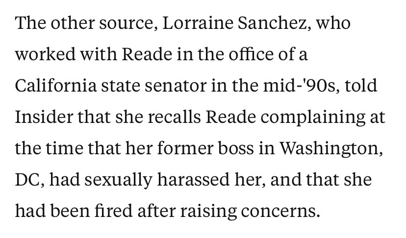 5. Lorraine Sanchez, a former colleague of Reade's, told  @businessinsider that Reade talked in the mid-1990s of being sexually harassed by her former boss in Washington, DC.  https://www.businessinsider.com/former-neighbor-corroborates-joe-bidens-accuser-2020-4