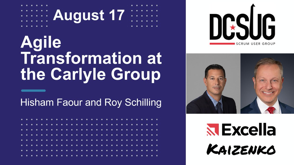 kaizenko's tweet photo. Excited to hear Hisham Faour and Roy Schilling present on the Carlyle Group's Agile Transformation Journey tonight at the DC Scrum User group.
https://t.co/SOI6xgqoPR
#agile #scrum #agiletransformation #carlyle #dcsug #scrumalliance https://t.co/916QQfq3Xp