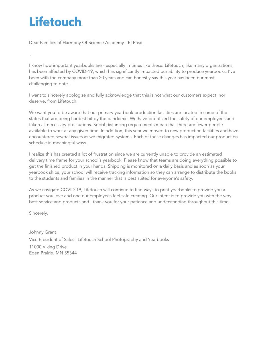 A message from <a href="/Lifetouch/">Lifetouch</a> in regards to the yearbook.