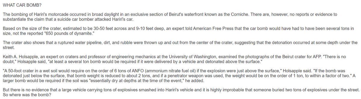 Feb 2005 Prof Keith Holsapple based on crater size 30-50 ft wide x 9-10 ft deep told Bollyn "no doubt at least a several ton bomb would be required if it were delivered by a vehicle & detonated above the surface" but Bollyn noted no evidence of such a large vehicle14/