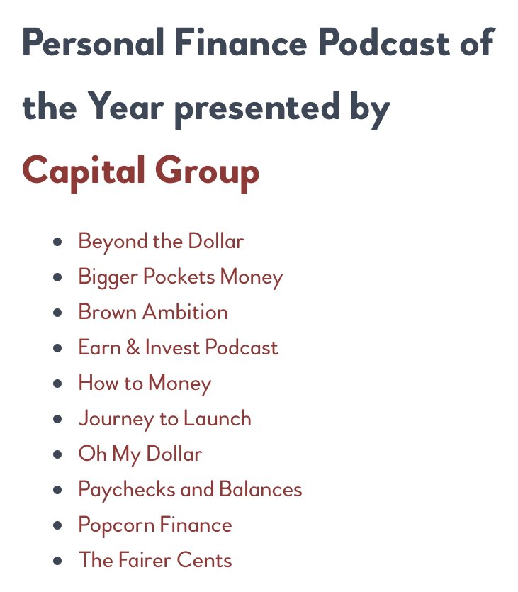 The Fairer Cents is a finalist for best content for women (truly the real award, among the amazing <a href="/BitchesGetRich/">Bitches Get Riches</a> <a href="/dumpsterdoggy/">DUMPSTER DOGGY</a> <a href="/herfirst100K/">Tori Dunlap — Money Expert</a> and of course half of TFC, @bravelygo) and podcast of the year at this year’s <a href="/PlutusAwards/">The Plutus® Awards</a>. Thanks! 🏆 plutusawards.com/finalists/