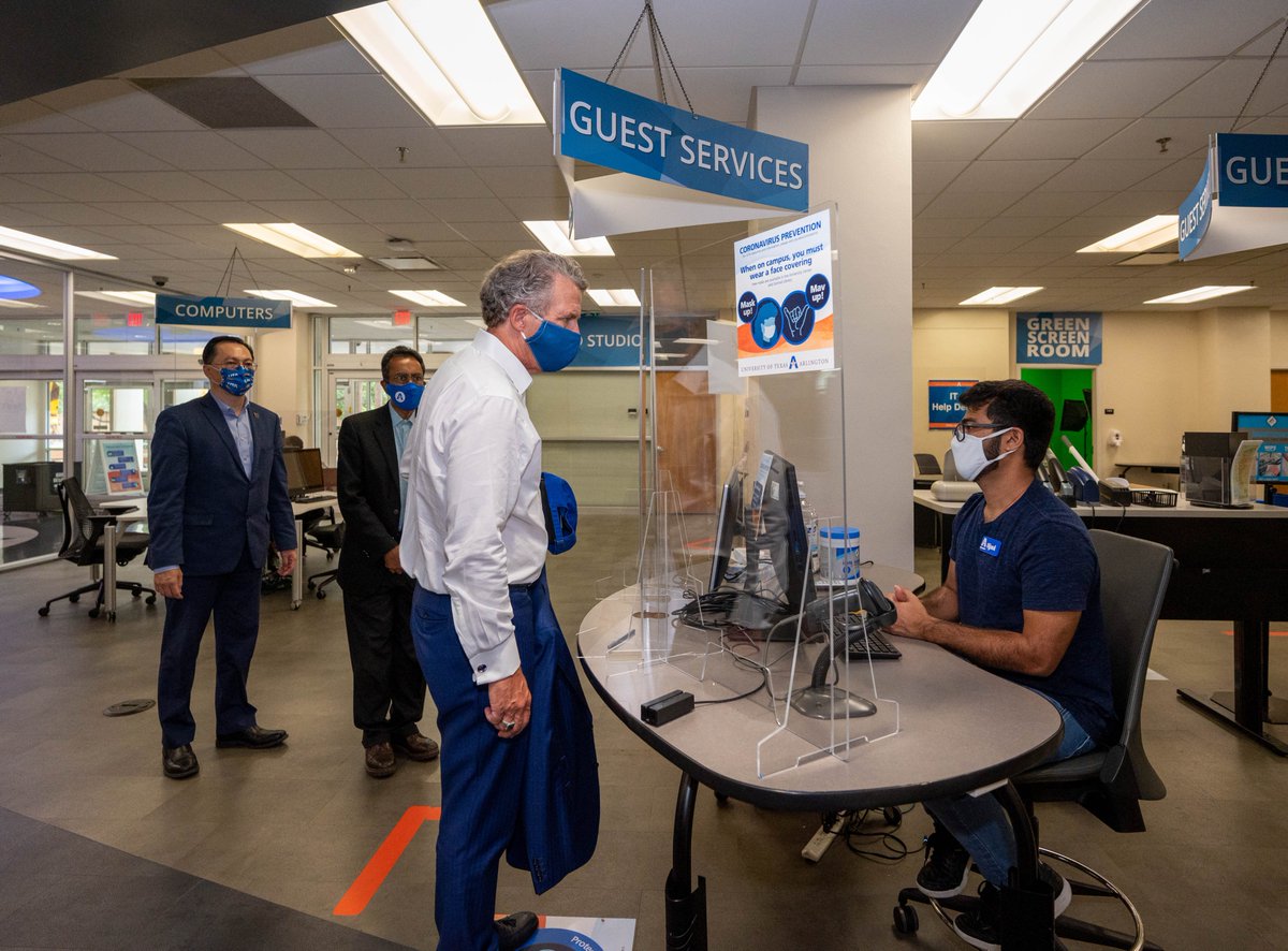 T_C_Lim's tweet photo. Thanks @jbmilliken for visiting @utarlington to see our preparations for safely bringing students back to campus for the fall semester, including our testing capabilities and social distancing measures. #MavsBack2020 @utsystem https://t.co/0wRSLFJHoK