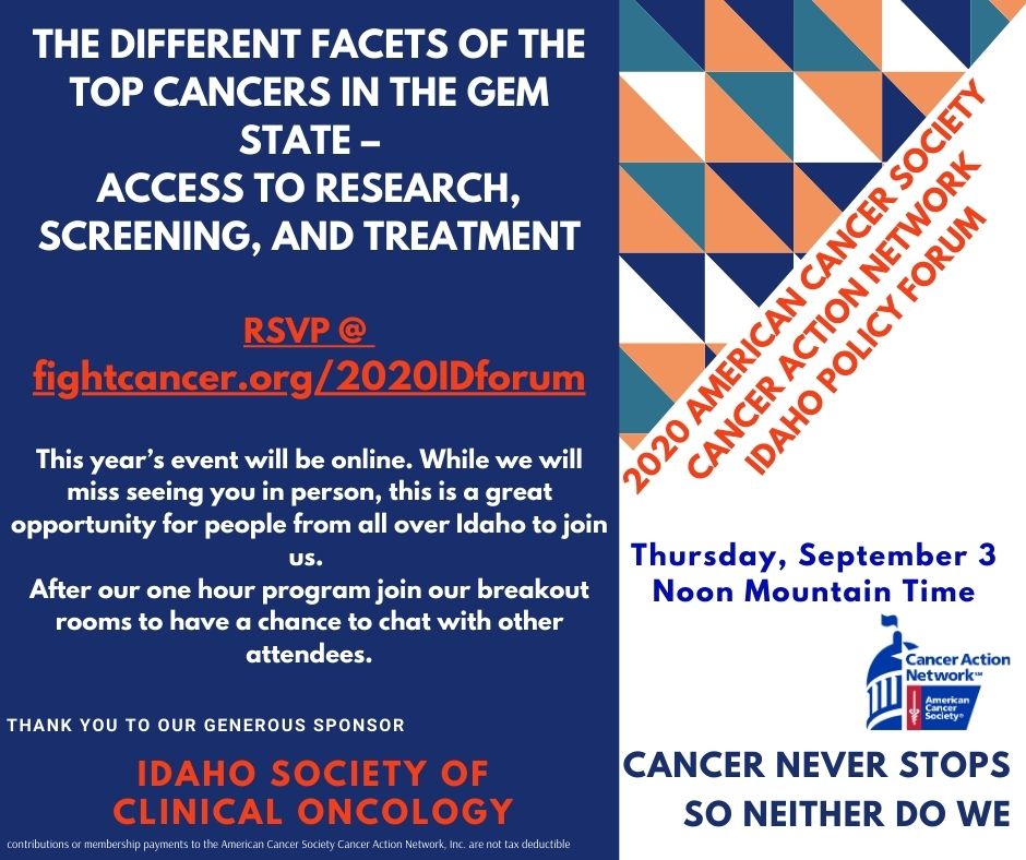 ACSCAN_Idaho's tweet photo. Thank you so much to @ISCOncology for their Gold Level Sponsorship of our September 3rd Policy Forum! Follow the link to register for the event.  https://t.co/7Lip432sE9 https://t.co/Pa36WXOisd