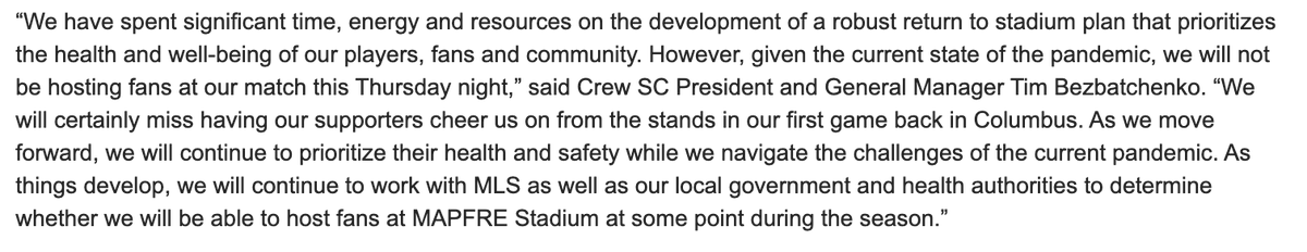 _Pat_Murphy's tweet photo. #Crew96 not surprisingly announces there will be no fans at MAPFRE Stadium for Thursday’s game against #cf97. https://t.co/RF10aBaBmi