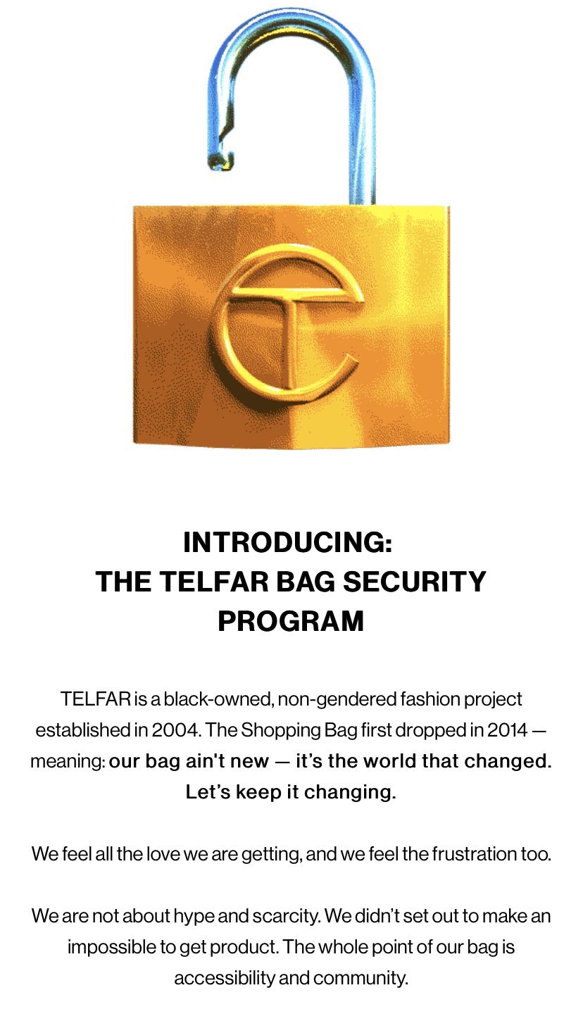 MEFeater Magazine on X Today Telfar announced their Telfar Bag security program. The program guarantees your purchase without the worry of scarcity or resellers. Preorders begin August 19th https t ...