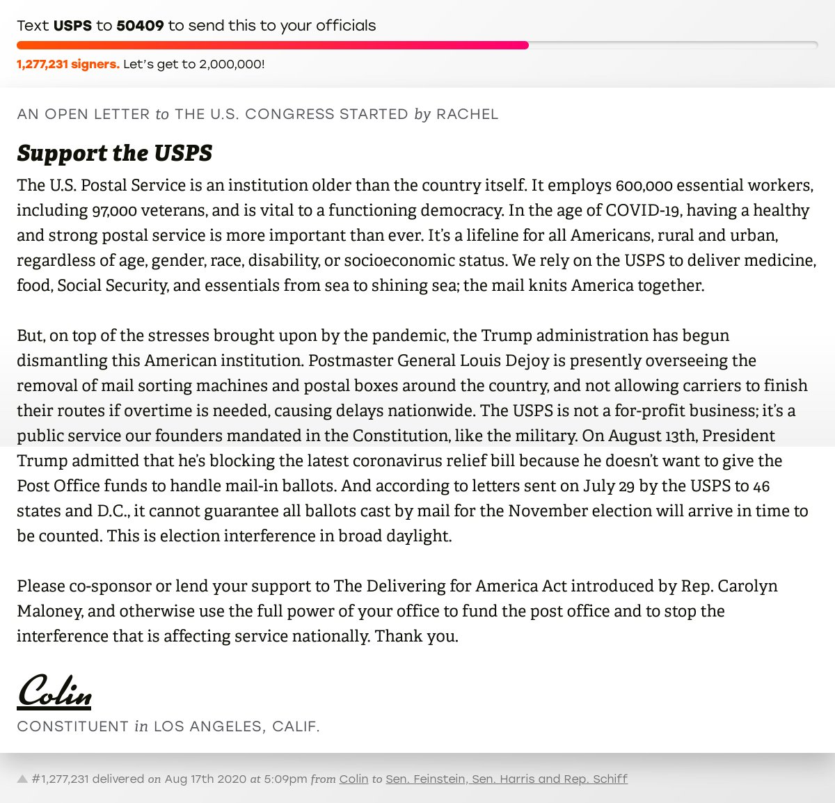 🖋 Sign “Support the USPS” and I’ll deliver a copy to your officials: x.com/messages/compo…

📨 No. 1,277,231 is from Colin to <a href="/SenFeinstein/">Senator Dianne Feinstein</a>, @SenKamalaHarris and @RepAdamSchiff #CA28 #CApolitics #CApol #SaveTheUSPS