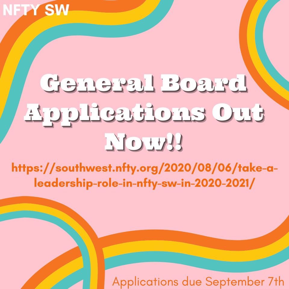 NFTYSWPres's tweet photo. General board applications are open!! Sign up or message me to learn about the new ways to get involved as a leader in NFTY-SW! https://t.co/GvsZkkySoc