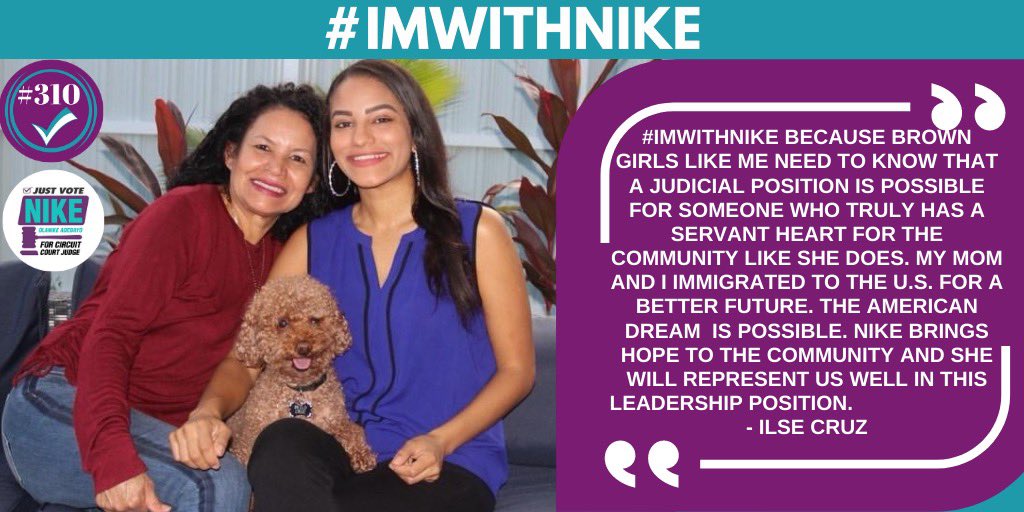 nikeforjudge's tweet photo. "#IMWITHNIKE because brown girls like me need to know that a judicial position is possible for someone who truly has a servant heart for the community like she does...Nike brings hope to our community & she will represent us well." - Ilse Cruz @cruzz_ilse
#NikeForJudge #310WeWin https://t.co/pp1e65NYlz