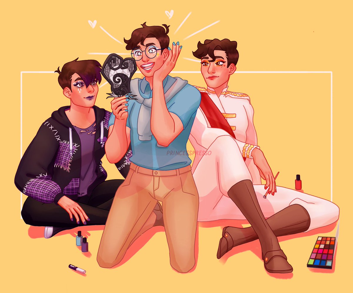 PrinceEspresart's tweet image. They do Patton&apos;s makeup all together 💜💙❤️
#SandersSides @ThomasSanders
