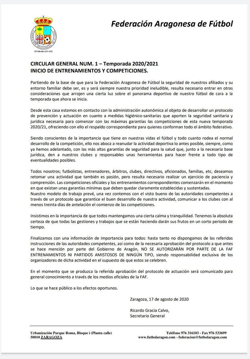 📯 Comunicado de la Federación Aragonesa de Fútbol