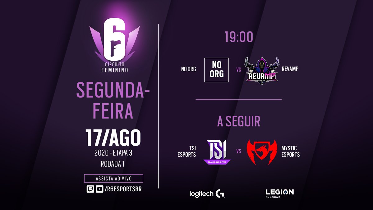 R6esportsBR's tweet photo. 📢 Em parceria com a @Lenovobr e @LogitechG O CIRCUITO FEMININO ESTÁ DE VOLTA 👏
🗣️ Hoje começa a terceira etapa com dois jogaços 👀
🕖 19h: No Org 🆚 Revamp Esports
➡️ A seguir: TSI Esports 🆚 @MysticEsportsBR
📺 ASSISTA em nossos canais oficiais da Twitch e Youtube 👊 https://t.co/8167g1HuPh