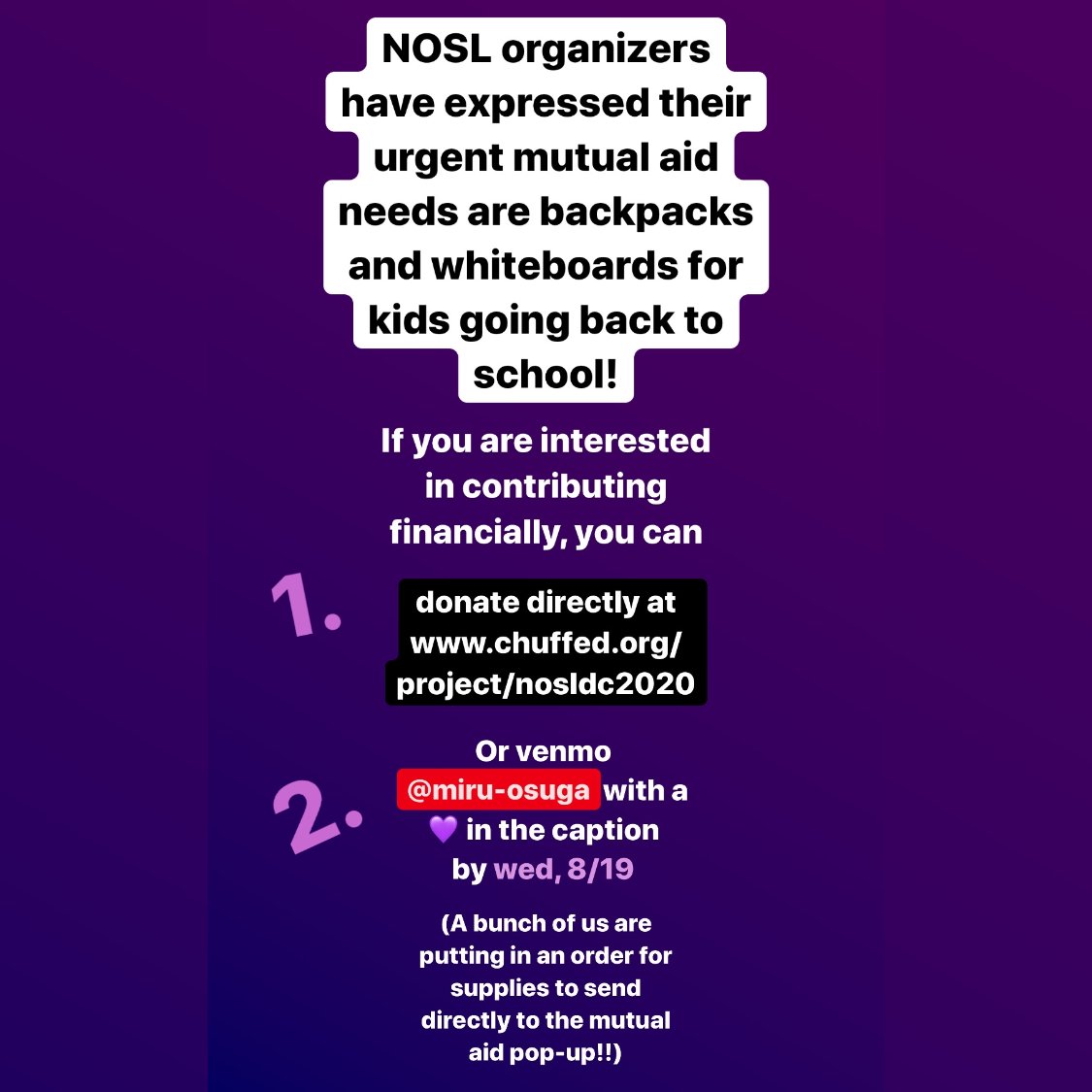 APIresistance's tweet image. Support Night Out for Safety and Liberation (NOSL) DC 2020 by registering for the 8/22 virtual gathering or donating supplies and funds to the 8/21 mutual aid pop up for kids going back to school. Venmo @/miru-osuga or donate at chuffed.org/project/nosldc…