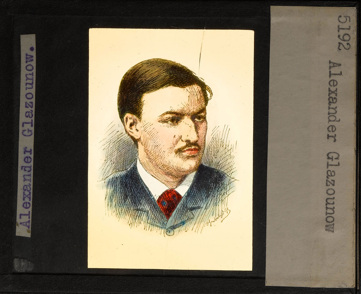 #dailydocument Hand-painted glass lantern slide of Russian composer Alexander Glazunov (born this month in 1865). One of many slides from our Ernest Schelling Collection, used through the 1940s to illustrate the <a href="/nyphil/">New York Philharmonic</a>'s Young People's Concerts that Schelling founded.