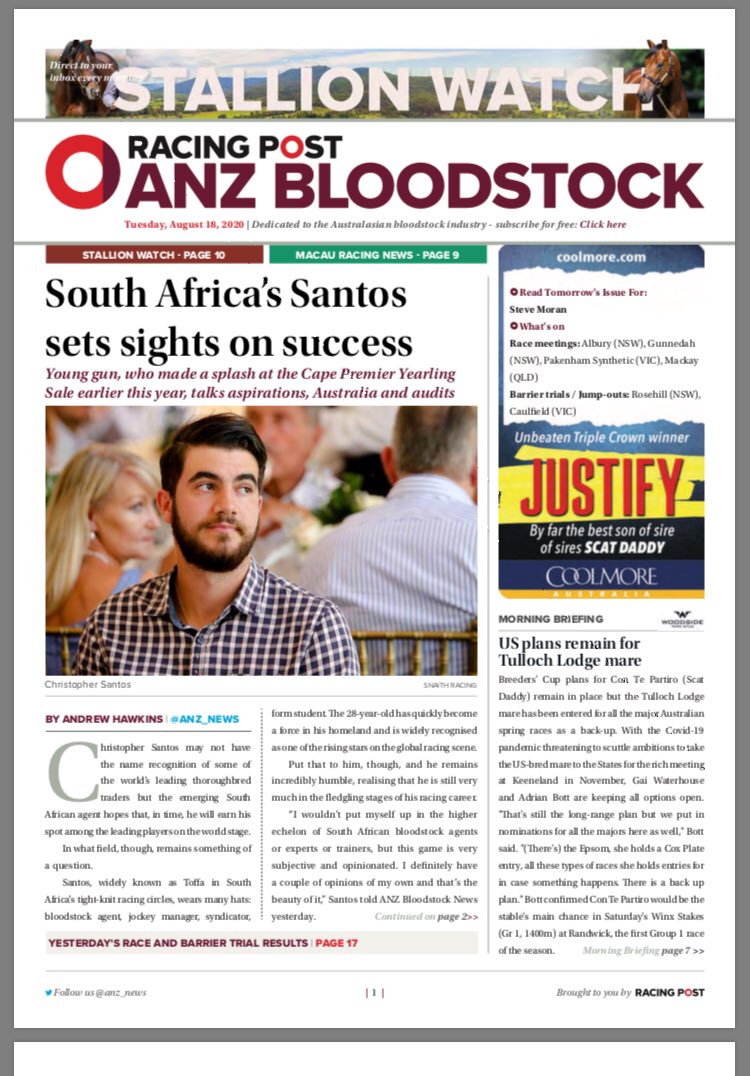 anz_news's tweet photo. Have a look inside today’s ANZ to read 

@AndrewNJHawkins article about the promising Christopher Santos

This weeks #StallionWatch focusing on #Frosted who sired winner number 1️⃣ at Ellis Park @DarleyStallions 

With heaps more
Read ➡️ https://t.co/oIPCX13uTH https://t.co/NfzYVHR1Pc