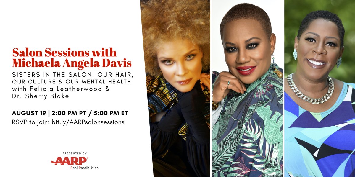 Be sure to join (#ad) <a href="/MichaelaangelaD/">Michaela angela Davis</a>, @LovingYourHair, and <a href="/askdrsherry/">Dr. Sherry Blake</a> this Wednesday for @AARPBlackCom #AARPSalonSessions as they dive into black women, our hair, our mental health, and our culture! Register here: bit.ly/AARPsalonsessi… See you there!