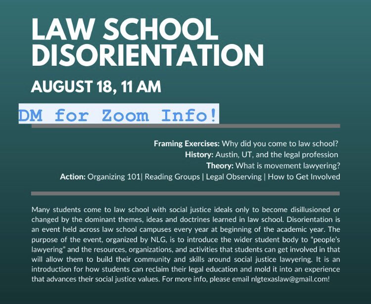 TexasLawOUTLaw's tweet photo. Our friends at @TexasLawNLG planned this awesome event for new (and returning!) students, happening TOMORROW. Share with new UT law students and DM for zoom info! https://t.co/vxhnzqMgSv