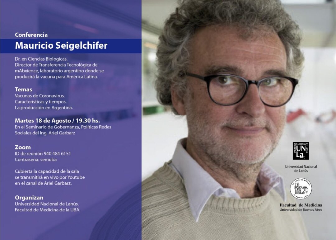 [Conferencia] Mauricio Seigelchifer. Mañana (18/8), 19:30hs, por Zoom (ID reunión: 940 484 6151 - Contraseña: semuba). 
Organizan: <a href="/UBAMedicina/">Medicina UBA</a> y #unla
